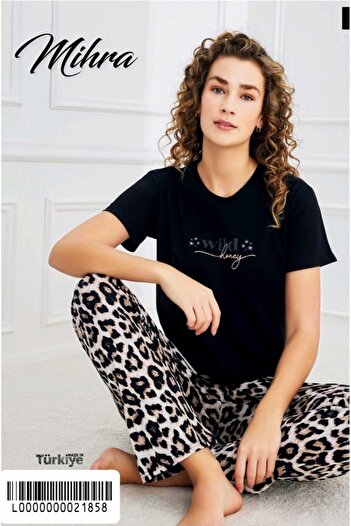 Mihra Altı leopar kesenli kısa kollu i pijama takımı