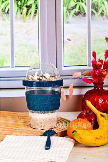 KaktüsKedi Kaşıklı Yemek Taşıma Ve Saklama Kabı | Müsli Ve Yoğurt Kabı Lacivert