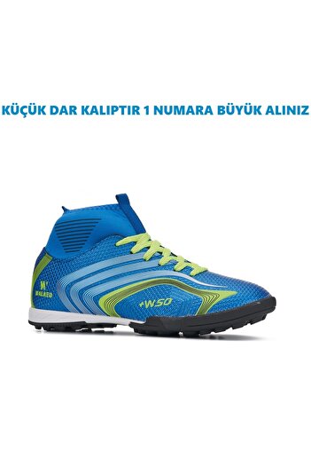 Walked Erkek Çocuk Boğazlı Çoraplı Bilekli Düz Dişsiz Mavi Halı Saha Krampon Futbol Spor Ayakkabı