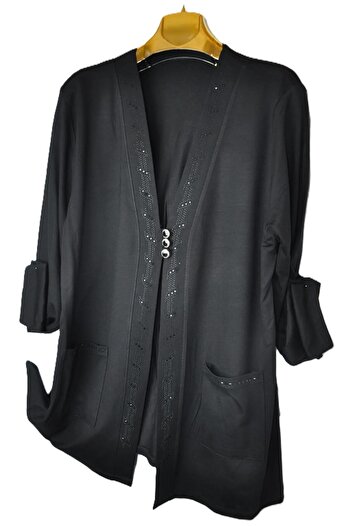 elma abone Short Jewelled Large Size Combed Cotton Cardigan