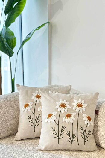 Decomia Home Modern Tufting Punch Nakışlı Keten Karışımlı İkili Papatya Kırlent Kılıfı Salon Dekor (45x45)