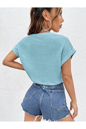 caddekombin Kadın Yarasa Kol Oversize Kalıp Waffle Kumaş Mint Yeşili T-shirt Crop Top