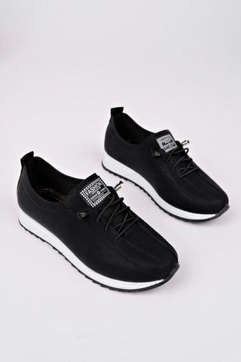 meyra'nın ayakkabıları Women's Black Denim Colored Rubber Lace-Up Orthopedic Sole Ballerinas