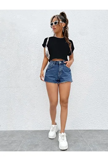 caddekombin Women's Bat Sleeve Oversize Mold Waffle Fabric Black T-Shirt Crop Top