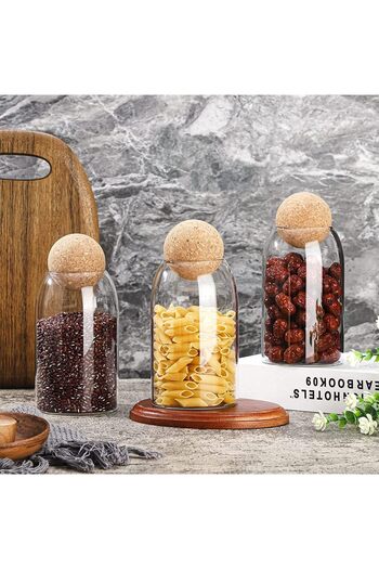 AKDC Glass Food Storage Canister with Airtight Cork Lid [800ml/27Oz], Set of 3 for Kitchen Pantry