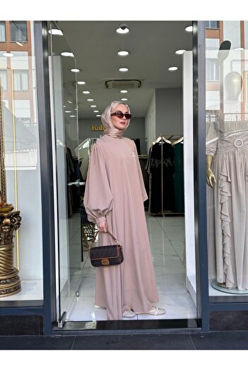 NS Moda Tesettür Retro Balonkol Elbise Bej Model-537