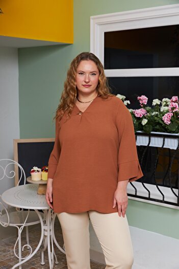 RMG Large Size Collar Detail Blouse Camel