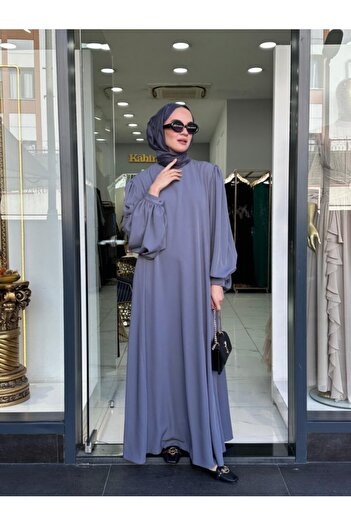NS Moda Tesettür Retro Balonkol Elbise Gri Model-537