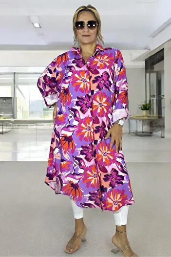 yagmurberen Plus Size Floral Print Long Foldable Sleeve Tunic Dress - Buttoned Front