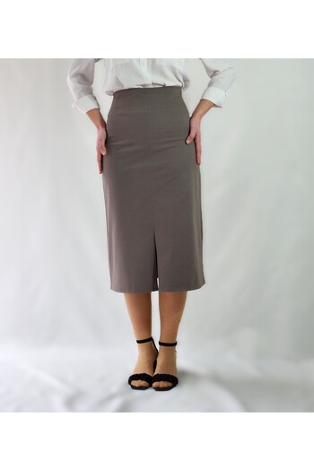 YAXİ Front Slit Midi Length Woven Khaki Skirt