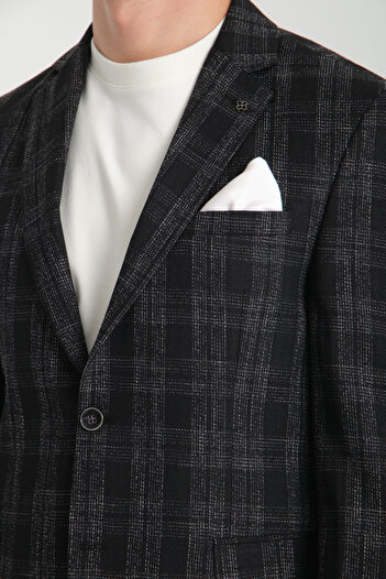 Frappoli Galileo Erkek Siyah Kareli Ekoseli Mono Yaka Esnemeyen Kumaş Kalın Kumaş Slim Fit Blazer Ceket