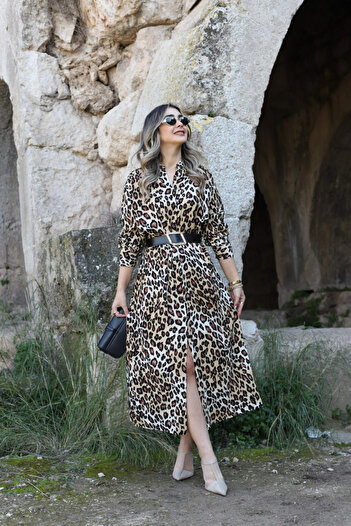 bytugcekaya Φόρεμα με ζώνη μπεζ λεοπάρ σχέδιο