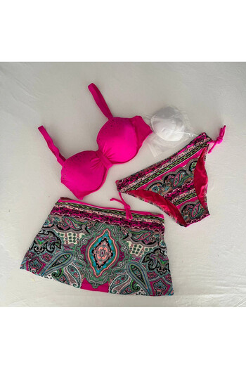 hazelin Füzya Stone Embroidered Patterned 3 Piece Women's Bikini Suit