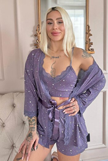 Pijamaevi Lilac Stars Patterned Bamboo Crop Women's Pajama Set with Dressing Gown and Shorts