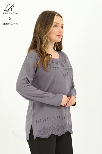 Ravencia Women's Middle Age and Above Viscose Drop Pattern Stone Embroidered Lycra Gray Mother Combed Cotton Blouse