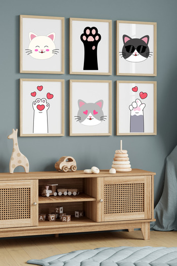 Hiras Dizayn Set of 6 Posters Cute Cat and Paw in 3 Different Sizes Frameless Children's Room Decor for Kids Room
