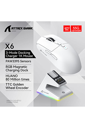 Choice X6 White Attack Shark X6 PAW3395 Bluetooth Mouse,Tri-Mode Connection,RGB Touch Magnetic Charging Bas