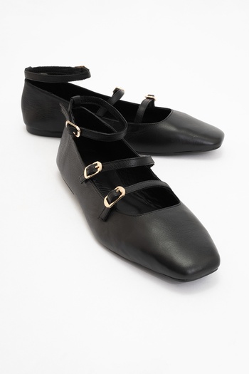 LuviShoes Glimmer Black Genuine Leather Ankle Strap Blunt Toe Women's Ballerina Shoes