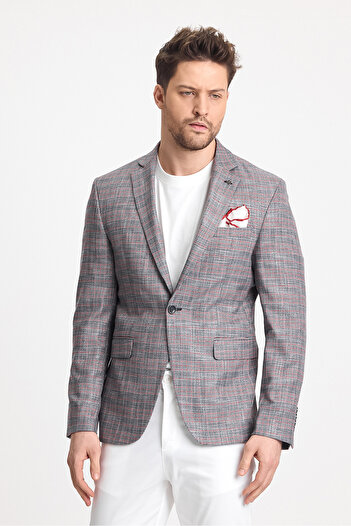 Frappoli Gasparov Ανδρικό Γκρι - Claret Red καρό Slim Fit Mono Blazer παλτό