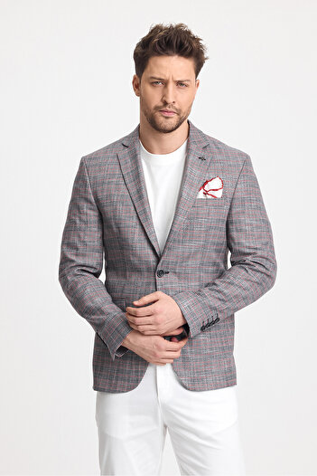 Frappoli Gasparov Erkek Gri - Bordo Ekoseli  Slim Fit Mono Yaka Blazer Ceket