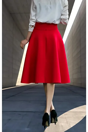 HSNLİFE Red High Waist Midi Satin Skirt 75 cm Midi Length Satin Skirt