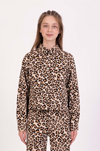 wakawakakidsstore Leopard Print Button Closure Girls' Gabardine Jacket