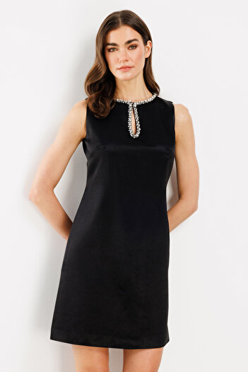 Ekol Women's Satin Dress with Stones 5004 Black