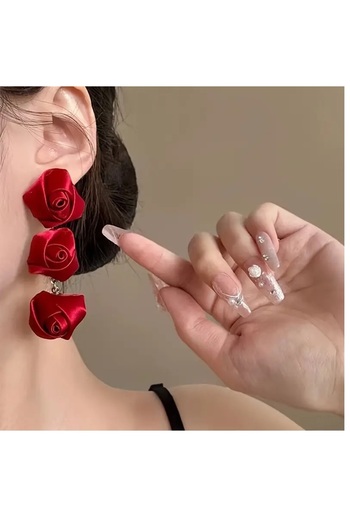 mos&more 1 Pair Stylish Gold-Tone Heart & Red Rose Dangle Earrings
