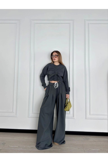 fh fashionhere Long Sleeve Front Drawstring Crop and Trousers Double Set - Anthracite