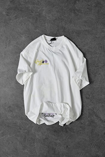 Slatra Men's White Hands Embroidered Oversize Tshirt