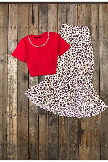 Tuğba Ceylin Butik Women's Summer Crepe Fabric Floral Skirt