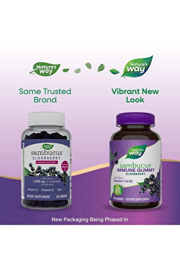 Nature's Way Sambucus Elderberry Immune Gummies, Vitamin C, D3, Zinc, Gluten-Free, Vegetarian, 60 Gummies