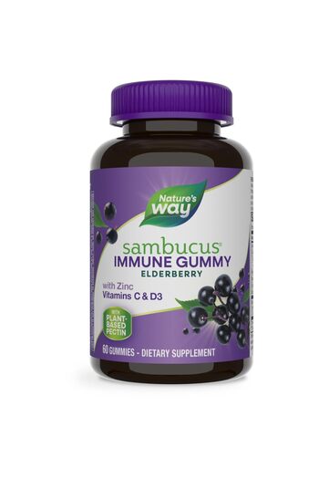Nature's Way Sambucus Elderberry Immune Gummies, Vitamin C, D3, Zinc, Gluten-Free, Vegetarian, 60 Gummies
