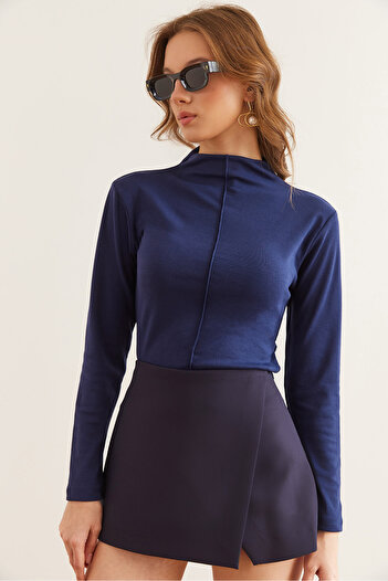 Olalook Women's Navy Blue Front Stitching Detail Stand Collar Soft Textured Lycra Blouse Blz- 19002852