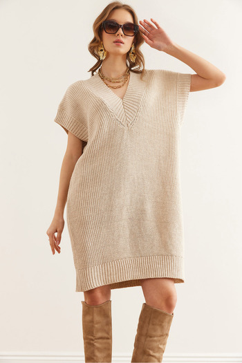 Olalook Women's Stone V Neck Knitwear Tunic Dress Elb- 19002343