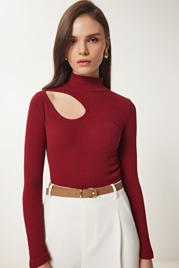 Happiness İstanbul Damen-Strickbluse in Burgunderrot, cremefarben, 2er-Pack, ausgeschnittene, detaillierte, gerippte Strickbluse GT00235