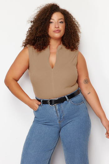 Trendyol Curve Beige Zip-Up 100% Cotton Ribbed Camisole Knitted Plus Size Blouse Tbbss24Af00040