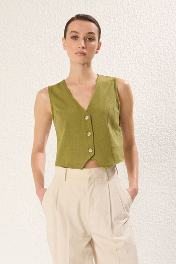 Trendyol Collection Жилет з бавовняного полотна TWOSS24YE00024 хакі Regular Cotton Regular Cotton Tweed Жилет TWOSS24YE00024