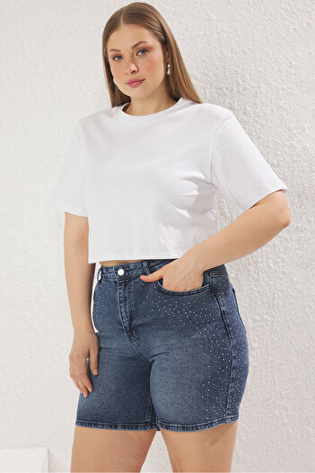 Trendyol Curve Blue High Waist Rhinestone Denim Plus Size Shorts Tbbss25Ap00028