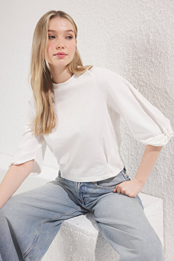 Trendyol Collection Ecru Sleeve Detail 100% Cotton Regular T-Shirt - Twoss25Ts00065