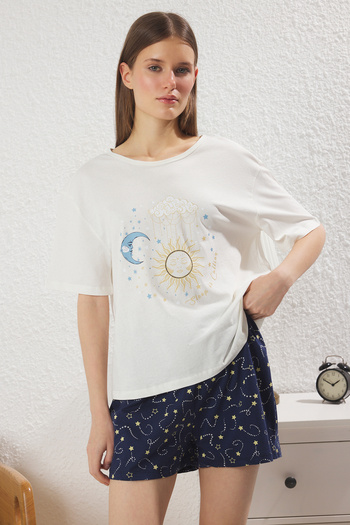 Trendyol Collection 100% Retailer Galaxy Pattern Knitted Pajama Set with Shorts