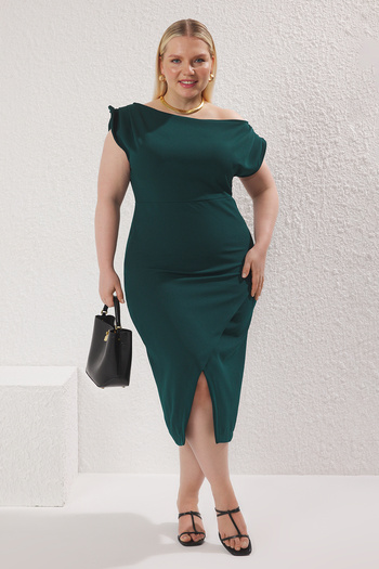 Trendyol Curve Emerald Green Asymmetrical Neck Midi Slit Woven Plus Size Dress Tbbss25Ah00167