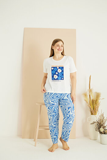Siyah İnci Ecru Patterned Curve Plus Size Oversize Cotton Pajama Set 25103761