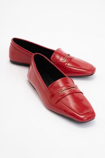 LuviShoes Iridessa Red Patent Leather Genuine Leather Buckle Blunt Toe Women's Loafer Shoes