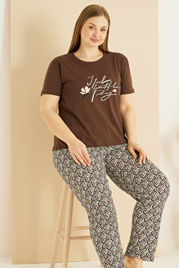 Siyah İnci Brown Patterned Curve Plus Size Oversize Cotton Pajama Suit 25103768