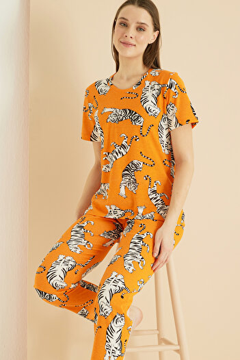 Siyah İnci turuncu desenli Bisiklet Yaka Örme Pijama Takım25103257