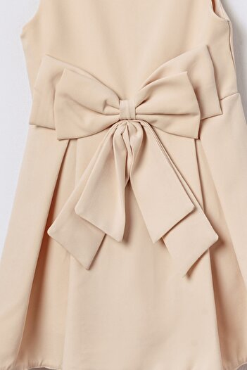 Bebüş Beige Girl Dress - Crepe Fabric, Thick Lining Inside Flared Cut Bow Research 15694