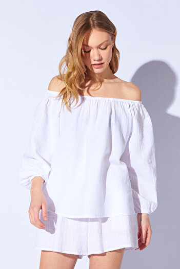 EDITION WOMAN Boat Neck Shoulder and Sleeve Elastic Long Sleeve Muslin Washed Blouse |   Ek 100179921