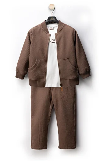Magu Boys 3-Piece Set Brown Bomber Jacket, White T-Shirt and Pants Set (Ages 2-9)