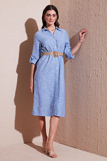 Lela Cotton Regular Fit Belted Midi Length Shirt Dress Dress 67810301